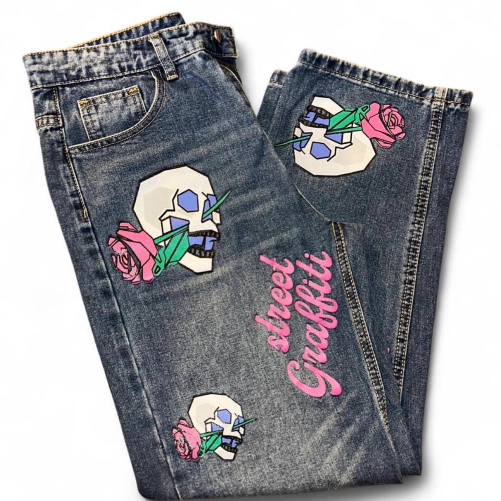 SHEIN Blue Jeans with Skull and Rose Graffiti